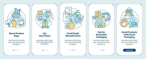 Zero waste shopping onboarding mobile app screen. Reuse produce bags walkthrough 5 steps editable graphic instructions with linear concepts. UI, UX, GUI template. vector