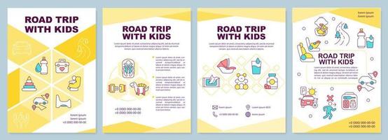 Road trip with kids brochure template. Car travel. Leaflet design with linear icons. Editable 4 vector layouts for presentation, annual reports.