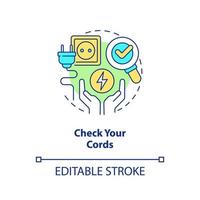 Check your cords concept icon. Electricity plug. Energy efficiency at home abstract idea thin line illustration. Isolated outline drawing. Editable stroke. vector