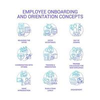 Employee onboarding and orientation blue gradient concept icons set. Hiring company staff idea thin line color illustrations. Isolated symbols. vector