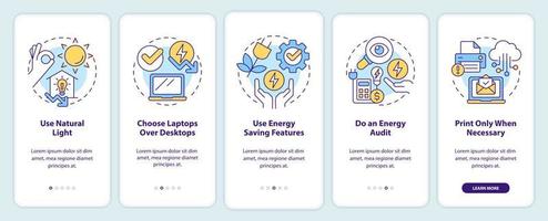 Energy efficiency at work onboarding mobile app screen. Walkthrough 5 steps editable graphic instructions with linear concepts. UI, UX, GUI template. vector