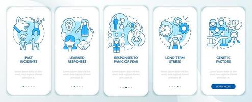 Phobia causes blue onboarding mobile app screen. Anxiety disorder walkthrough 5 steps graphic instructions pages with linear concepts. UI, UX, GUI template. vector