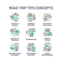 Road trip tips concept icons set. Planning travel. Car adventure recommendations idea thin line color illustrations. Isolated symbols. Editable stroke. vector
