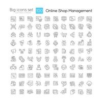 Online shop management linear icons set. Ecommerce. Digital marketing. Customizable thin line symbols. Isolated vector outline illustrations. Editable stroke. Quicksand-Light font used