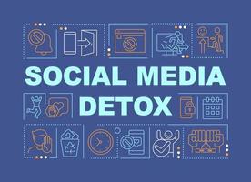 Social media detox word concepts dark blue banner. Break with addiction. Infographics with icons on color background. Isolated typography. Vector illustration with text.