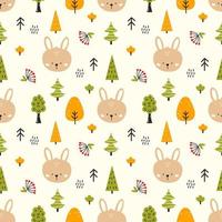 Hare in forest. Cute rabbit. Seamless pattern for sewing children clothing. Print on fabric and wrapping paper. Autumn wallpaper for nursery. vector