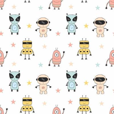 Cute robot. Seamless pattern for tailoring. Printing on fabric and wrapping paper. Monster.