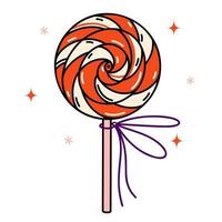 Lollipop vector icon. Sweet striped candy on a stick. Big round caramel decorated with ribbon, isolated on white. Tasty dessert made from sugar, fruits. Flat cartoon clipart for print, logo, web