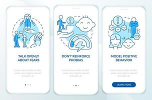 Helping child blue onboarding mobile app screen. Overcome phobias walkthrough 3 steps graphic instructions pages with linear concepts. UI, UX, GUI template. vector