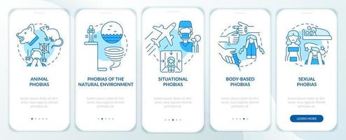 Specific phobias blue onboarding mobile app screen. Anxiety disorder walkthrough 5 steps graphic instructions pages with linear concepts. UI, UX, GUI template. vector