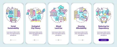 planificación urbana en el urbanismo verde incorporando la pantalla de la aplicación móvil. tutorial 5 pasos páginas de instrucciones gráficas con conceptos lineales. interfaz de usuario, ux, plantilla de interfaz gráfica de usuario. vector