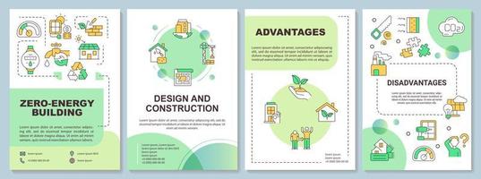 Zero emission building green brochure template. Advantages, drawbacks. Leaflet design with linear icons. 4 vector layouts for presentation, annual reports.