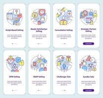 Selling strategies and techniques onboarding mobile app screen set. Walkthrough 4 steps editable graphic instructions with linear concepts. UI, UX, GUI template. vector