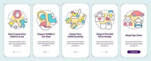 Road trip with toddlers tips onboarding mobile app screen. Walkthrough 5 steps editable graphic instructions with linear concepts. UI, UX, GUI template. vector