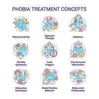 Phobia treatment concept icons set. Therapy techniques. Anxiety disorder idea thin line color illustrations. Isolated symbols. Editable stroke. . vector