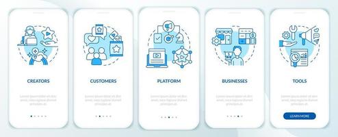 Creator economy stakeholders blue onboarding mobile app screen. Walkthrough 5 steps editable graphic instructions with linear concepts. UI, UX, GUI template. vector