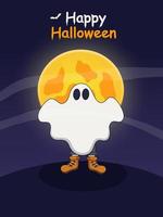 Funny Cartoon Poster Child In Ghost Costume. Halloween party. Vector Illustration