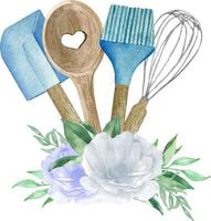 Watercolor illustration of blue bakery with whisk, spoon and spatula. Logo for cake shop and bakery vector
