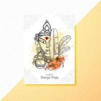 Illustration of goddess durga face in happy durga puja brochure design vector