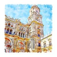 Malaga Cathedral Spain Watercolor sketch hand drawn illustration vector