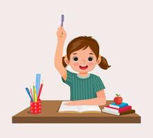 happy little girl student rising hand answering question sitting at her desk in the classroom vector