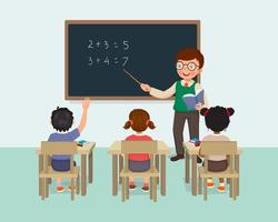 joven profesor enseñando lecciones de matemáticas a los estudiantes en el aula vector
