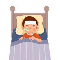el niño enfermo tiene fiebre alta, gripe y resfriado acostado en la cama con termómetro en la boca vector