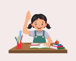Cute little girl student rising hand asking question sitting at her desk in the classroom vector