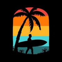 Surfing summer beach t-shirt graphic design, hand drawn line with digital color, vector illustration