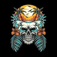 diseño gráfico de camiseta de playa de verano de cráneo, línea dibujada a mano con color digital, ilustración vectorial vector