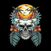 Skull summer beach t-shirt graphic design, hand drawn line with digital color, vector illustration