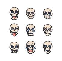 Set of skull emoticon, hand drawn line style with digital color, vector illustration