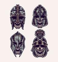 Set of skull wearing helmet, hand drawn line style with digital color, vector illustration