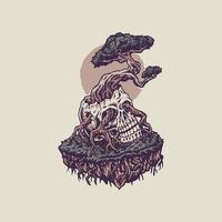 Bonsai growing from a human skull, hand drawn line style with digital color, vector illustration