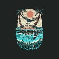 Skeleton and turtle summer beach t shirt graphic design, hand drawn line style with digital color, vector illustration