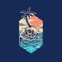 Skull summer beach t shirt graphic design, hand drawn line style with digital color, vector illustration