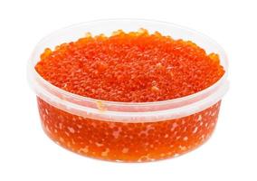 plastic container with salted red salmon roe photo