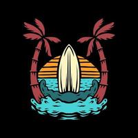 diseño gráfico de camiseta de playa de verano de surf, línea dibujada a mano con color digital, ilustración vectorial vector