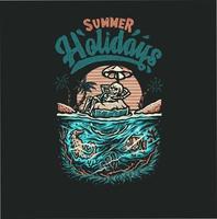 Skeleton summer beach t shirt graphic design, hand drawn line style with digital color, vector illustration