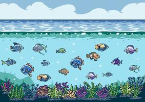 conjunto de dibujos animados de peces, estilo de línea dibujada a mano con color digital, ilustración vectorial vector