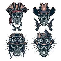 Set of skulls wearing hats, cowboys, steampunk, helmets and pirates, color version vector