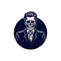 Skeleton in suit, hand drawn line with digital color, vector illustration