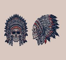 Native American Indian Chief Skull, hand drawn line style with digital color, vector illustration