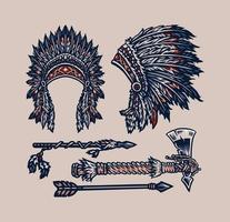 Native American elements, hand drawn line style with digital color, vector illustration