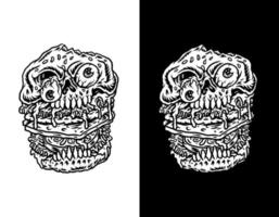 Skull burger hand drawn line style with digital color, vector illustration