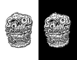 Skull burger hand drawn line style with digital color, vector illustration