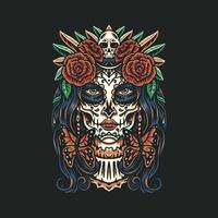 Day of the dead, Dia de los muertos. Girl with makeup - sugar skull with rose flowers, hand drawn line style with digital color, vector illustration