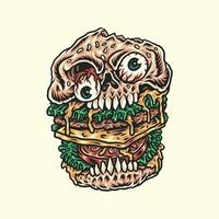 Skull burger hand drawn line style with digital color, vector illustration