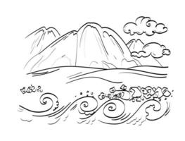 paisaje dibujado a mano, cumbres montañosas, olas marinas, nubes, ilustraciones vectoriales en estilo garabato vector