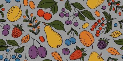 GRAY VECTOR SEAMLESS PATTERN WITH COLORFUL FRUITS AND BERRIES